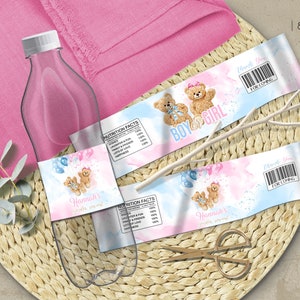 Editable We Can Bearly Wait Teddy Bear Gender reveal water bottle labels party decorations he or she decor favor Download Corjl