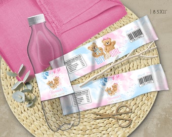 Editable We Can Bearly Wait Teddy Bear Gender reveal water bottle labels party decorations he or she decor favor Download Corjl
