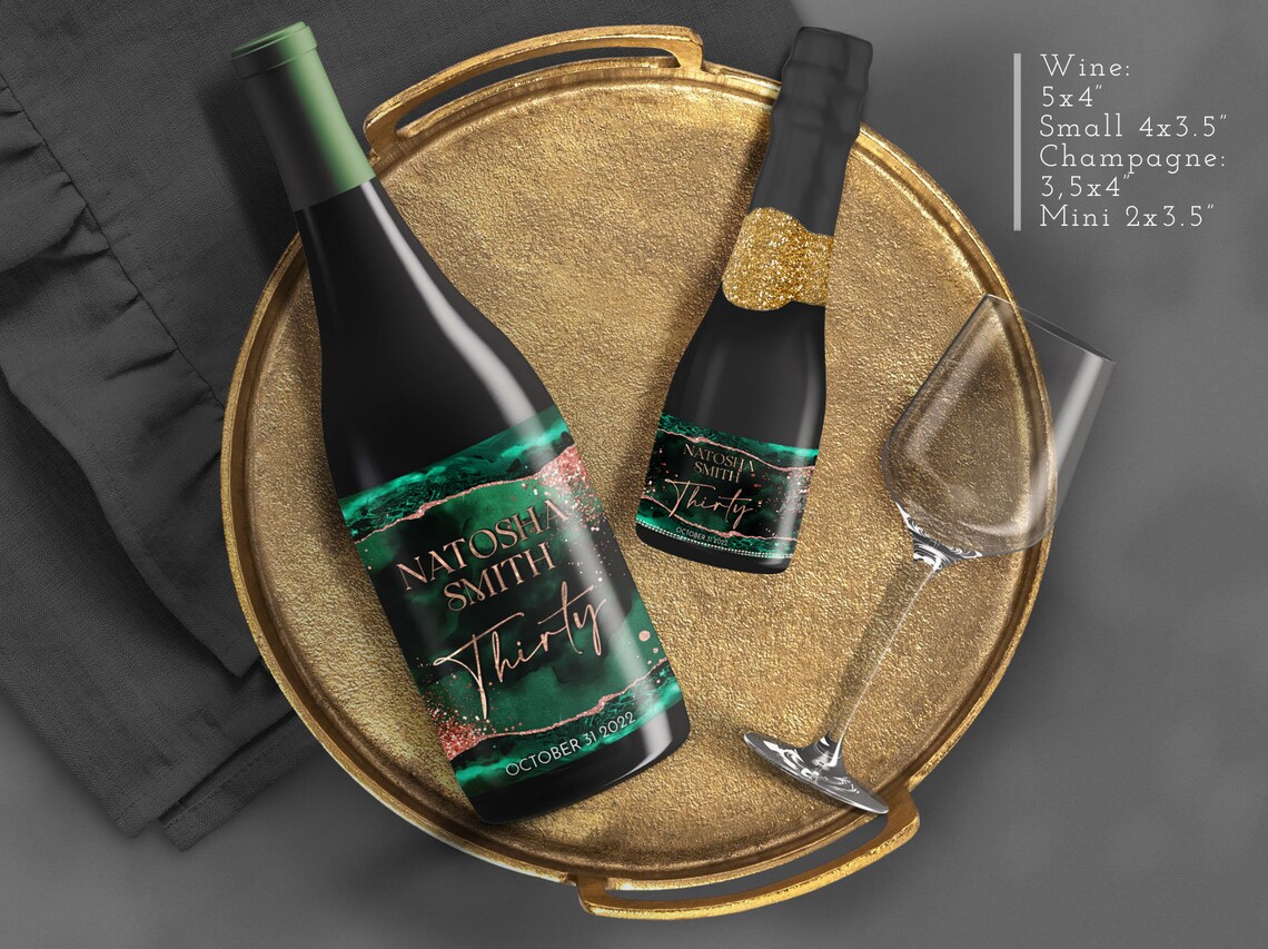 Editable Emerald Green and Rose Gold Wine Labels Birthday Etsy