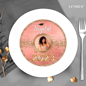 DIY Rose Gold Graduation Charger Plate Party favors with pic graduation decorations 2025 charger insert Corjl ANY YEAR Edit your self
