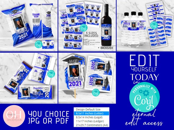 Editable Prom Royal blue White Graduation Party supplies kit grad 2021 with picture candy bar chip bag, fans, wine label, water bottle Corjl Il_570xn