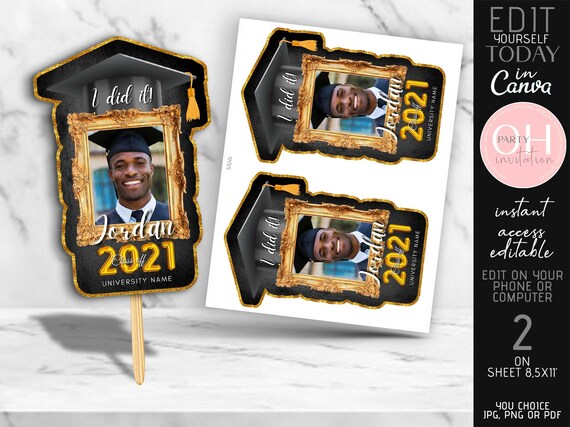 Editable Graduation fans with photo black gold template, centerpiece Graduation photo booth party decorations for boy favors 2021 CANVA DIY Il_570xn