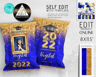 Editable Graduation Chip bag with pic Royal blue gold boy or girl Senior Graduation decorations class of 2024 party favor Corjl DIY ANY YEAR