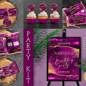 Purple and Gold Birthday Party Decorations for Her 30th, 40th, 50th, 60th Birthday Candy Bar, Chip bag, sign, tag, labels Corjl T115 ANY AGE