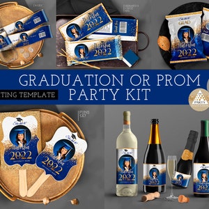 Editable Graduation Blue White Party decorations 2024 with pic Senior 2024 favors candy bar chip bag, fans, wine label, water bottle Corjl