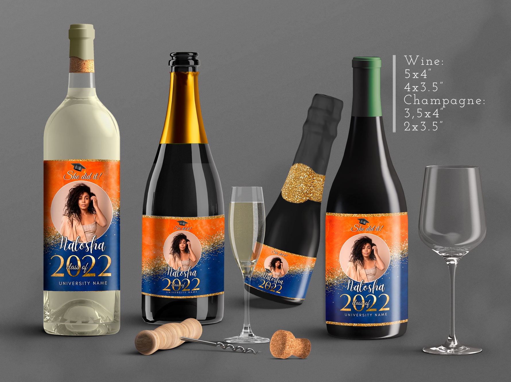 Editable Orange Blue Graduation Party decorations 2025 with pic Senior 2025 champagne, mine champagne, wine label, mini wine bottle Corjl