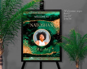Emerald Green Black Gold Birthday Welcome Sign: Photo Poster Party Decoration T100G (Editable Canva Template Download)