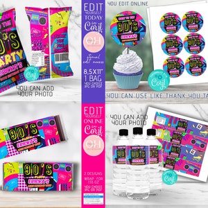 90s theme party decoration - water bottle label chip bag round labels candy bar party supply printable digital instant download Corjl DIY