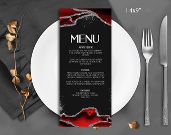 Red Black Silver Menu Card: Editable Dinner Party Decorations T108 (Canva Template)