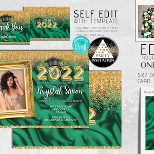 Editable Graduation Invitation with picture green gold template party invite for boy or girl 2025 Corjl DIY ANY YEAR