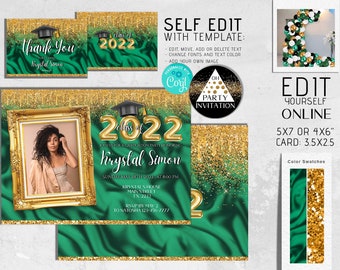 Editable Graduation Invitation with picture green gold template party invite for boy or girl 2024 Corjl DIY ANY YEAR