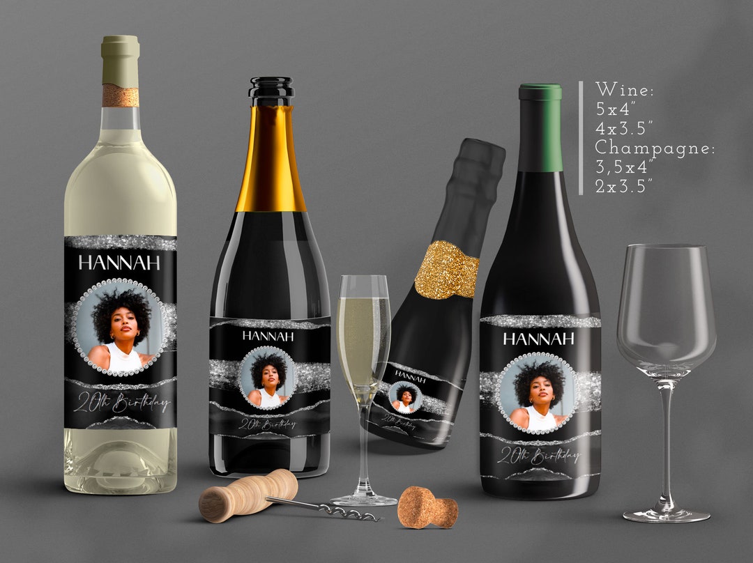 Glam Modern Black Silver Wine and Champagne Labels Birthday Decor Favor ...