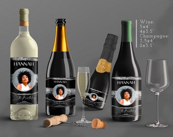 Black Silver Drink Labels: Wine and Champagne labels, Dinner Birthday Party Decor T901S (Editable Canva Download Template)