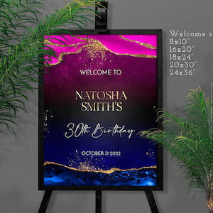 Birthday party favors Welcome sign Fuchsia and blue Party decorations for adults 30th birthday decor Download Editable on Corjl T120 ANY AGE