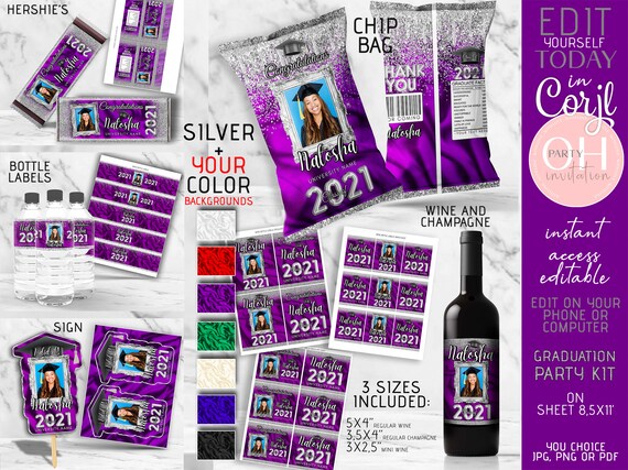 Editable Silver Graduation template party favors 2021 with photo Hershey, chip bag, fans, wine label, water bottle label favors Corjl DIY Il_570xn