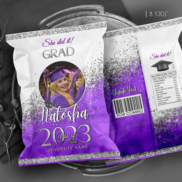 Editable Purple White and Silver Graduation Party Decorations Chip bag Class of 2024 with picture Corjl