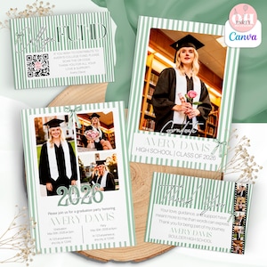 Pode incluir: Um conjunto de anúncios e cartões de formatura com um design listrado em verde e branco. Os anúncios apresentam fotos de uma graduada, o texto "Graduate", "2026" e "College Fund". Os cartões incluem o texto "Thank You".