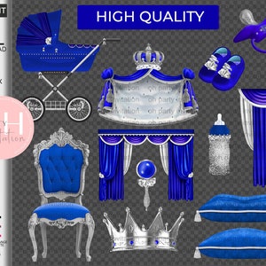 Royal blue navy silver Baby boy clipart Prince Stroller baby shower Dark Royal Crown King Clipart Download 12 png files