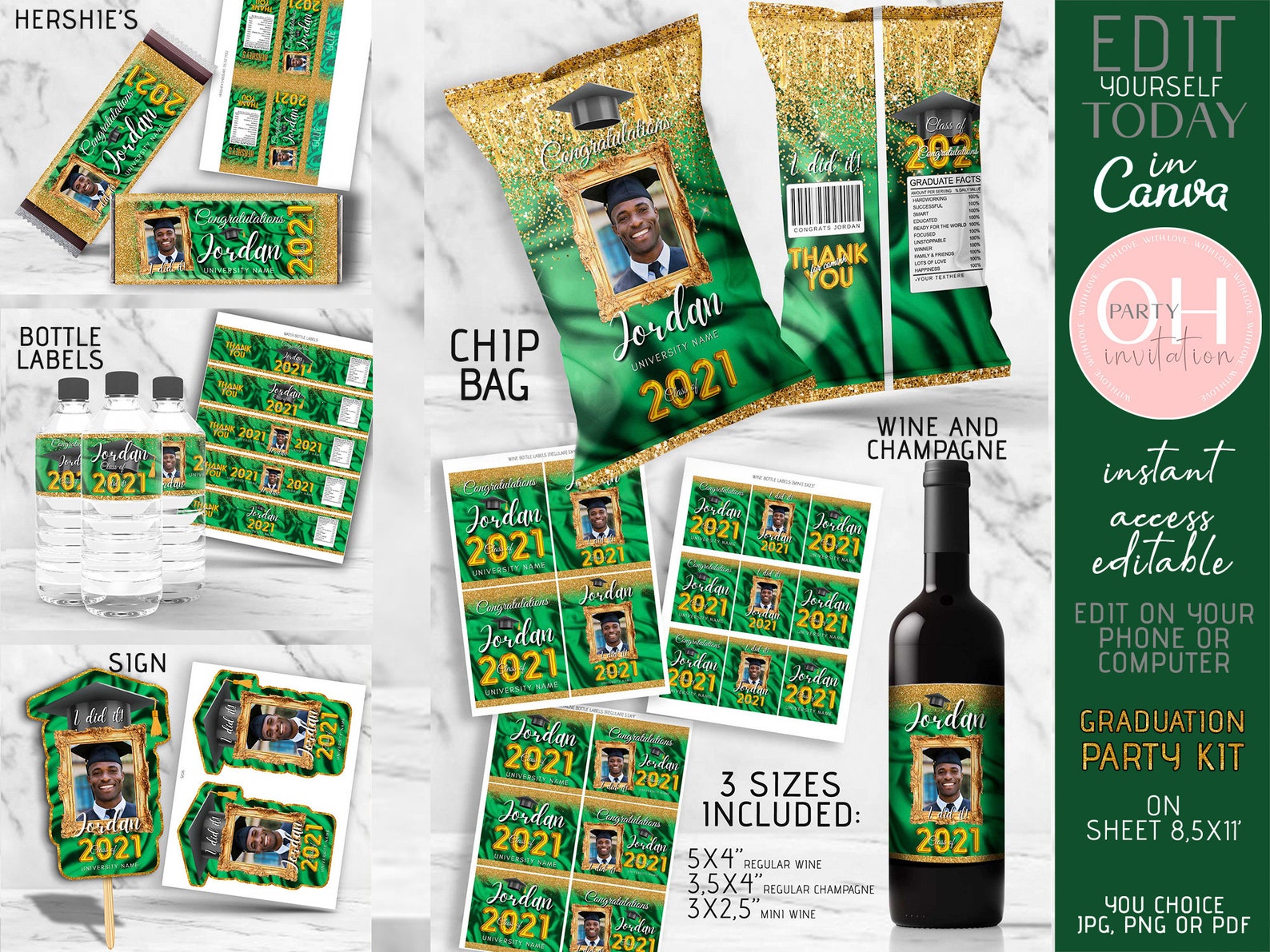Editable Graduation Party kit Green gold favors 2021 with Etsy