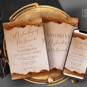 Editable Shades of Melanin Birthday Dinner Invitation, Shades of Brown Agate Birthday Invite digital printable, Mobile Evite Corjl template