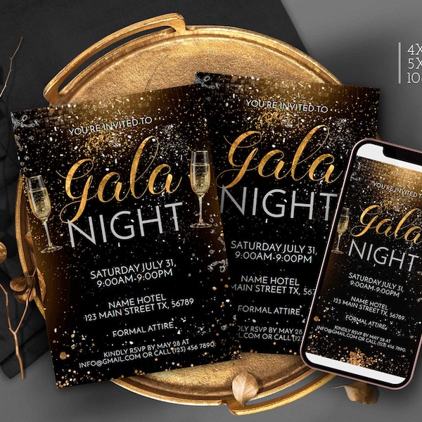 Gala Invitation Template Editable , Company Event flyer Banquet invite Black and Gold Corporate Business Party Invitation or evite Corjl