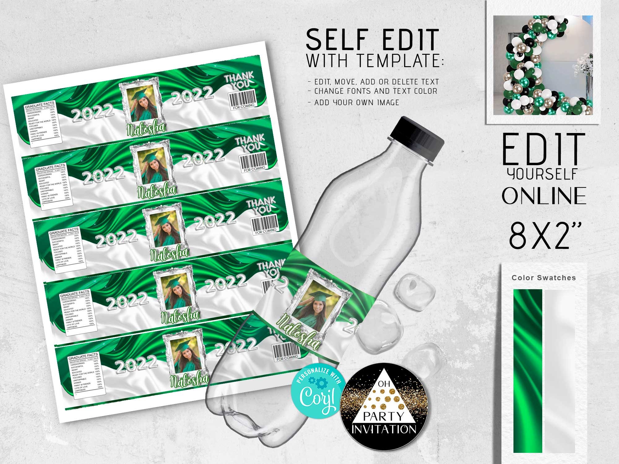 Green Silver Graduation Water Bottle Labels: Photo Favors (Corjl)