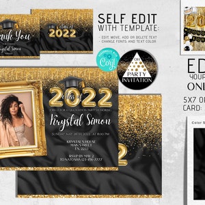 Editable Graduation Invitation with photo black gold template graduation evite party invite for boy or girl 2025 Corjl DIY ANY YEAR