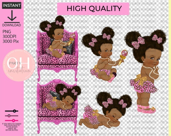 Wild Princess baby shower clipart pink leopard african american baby girl wih leopard bow & tutu dress in armchair digital instant Download Il_570xn