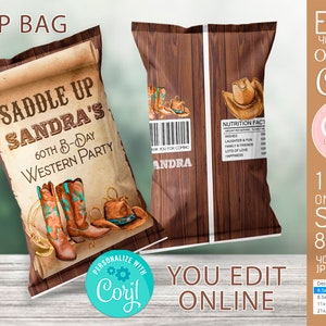 Editable Western cowgirl chip bag birthday decorations Rodeo party supplies adult favors printable instant download DIY on Corjl