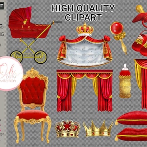 Red Gold Baby Shower Prince Stroller clipart African American Baby Boy set scrapbook Crown King Clipart Instant Download carriage
