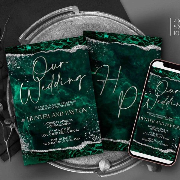 Emerald Green Wedding invitation Editable invite green and silver wedding Invites printable or Evite Digital Download Corjl T100