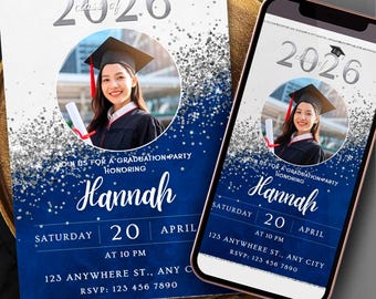 Blue White Silver Graduation Invitation 2026 with Photo (Printable Canva Template)