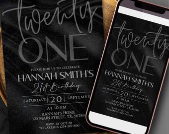 21st Birthday Invitation, Black 21st Bday Party Invite, Black Twenty One Dinner Evite T901S (Editable Canva Template)