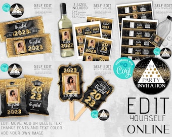 Editable Black Gold Graduation Party kit Candy bar, chip bag, fans, wine label, water bottle label party decorations 2025 Corjl DIY ANY YEAR