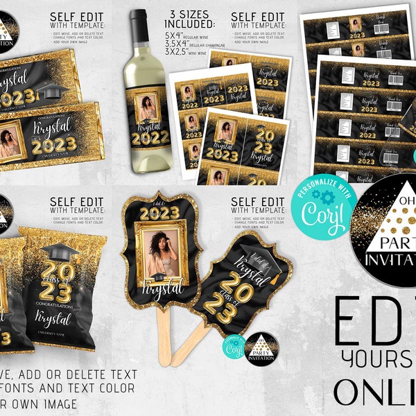 Editable Black Gold Graduation Party kit Candy bar, chip bag, fans, wine label, water bottle label party decorations 2024 Corjl DIY ANY YEAR