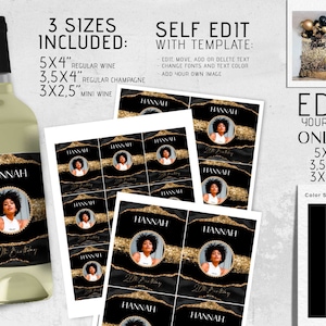 Custom Wine label, Glam Modern Black Gold wine labels photo birthday decor favor Any AGE decoration Gift for her instant download Corjl