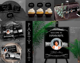 Black Silver Party Bundle: Welcome Sign, Chip Bag, Candy Bar, Bottle Label, Thank you Card, Topper T901S ( Editable Canva Template)
