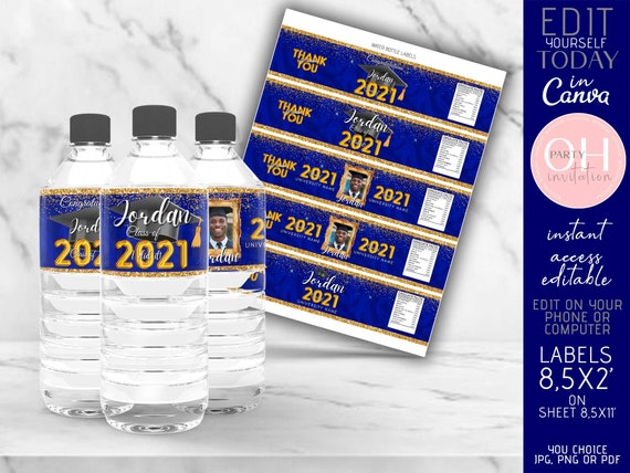 Editable Graduation Water bottle labels naby blue gold, Graduation decorations with photo senior class of 2021 party supplies download CANVA Il_570xn