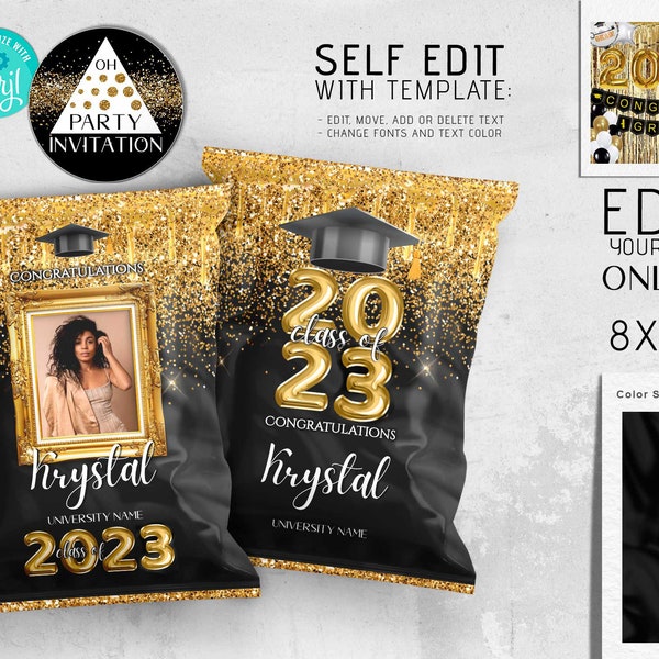 Editable Graduation Chip bag with photo black gold template boy Graduation decorations class of 2024 party favors download CORJL ANY YEAR