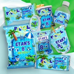Peut inclure: Un ensemble d'accessoires de fête sur le thème de la piscine pour le 8e anniversaire d'Etan, comprenant un sachet de chips, un pot à snacks, une étiquette de bouteille d'eau, un autocollant rond, un petit sachet, une gourde et un emballage de barre chocolatée.