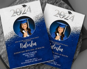 Editable Graduation Blue White Silver invitation 2024 with pic Senior 2024 party evite, mobile invitation, invites, Evite printable Corjl