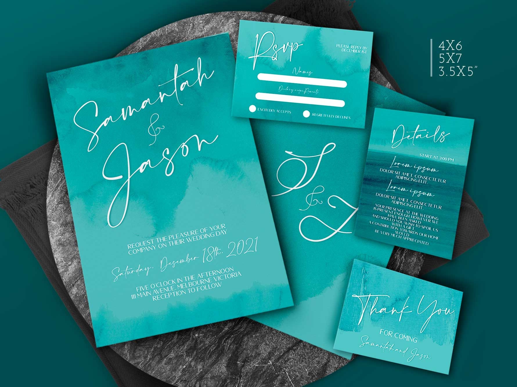 Teal Wedding Invitations With Rsvp Card Watercolor Minimalist Etsy