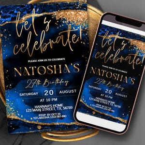 Lets Celebrate Blue Black Gold Birthday Invitation for Her or for Him Dinner Party Evite T107G (Editable Canva Template)