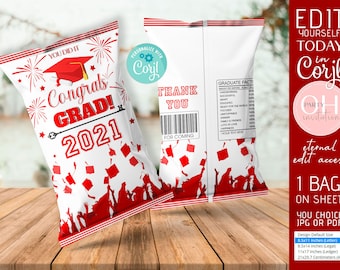 Editable Red white Graduation Chip bag Class of 2024 Graduation decorations grad party supply 2024  party favors Corjl DIY