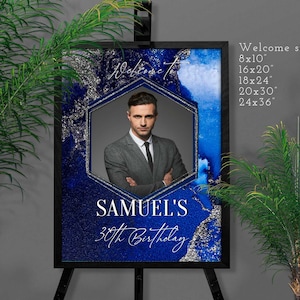Blue and Silver Welcome sign Happy Birthday Men Party decoration sign Printable for Him Digital Download Editable on Corjl T107 ANY AGE