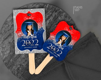 Editable Graduation Red Blue Fans with silver glitter Senior 2024 favors centerpieces Party decorations 2024 Corjl