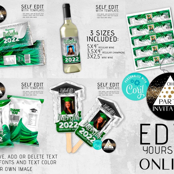 Editable Graduation Party kit Green Silver favors 2024 with pic, Candy Bar Chip bag Fans Wine label Water label Class of 2024 Corjl ANY YEAR