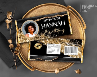 Black and Gold Candy bar Dinner Birthday Party Decoration with Picture T901G (Editable Canva Template)