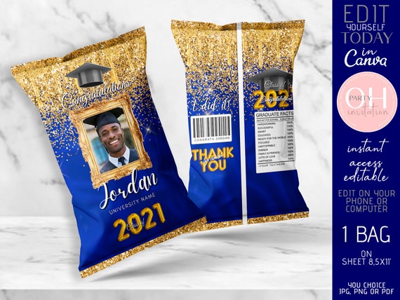 Editable Graduation Chip bag with photo Navy blue gold boy or girl Senior Graduation decorations class of 2021 party favors CANVA DIY Il_570xn