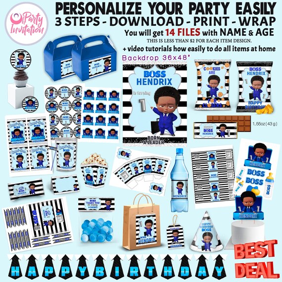 Black Boss Boy Baby Party Supplies Blue Curly African American
